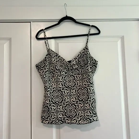 Tori Richard Women's Spaghetti Strap Blouse Cream Black Brown 100% Silk Sz 12 - Picture 1 of 8